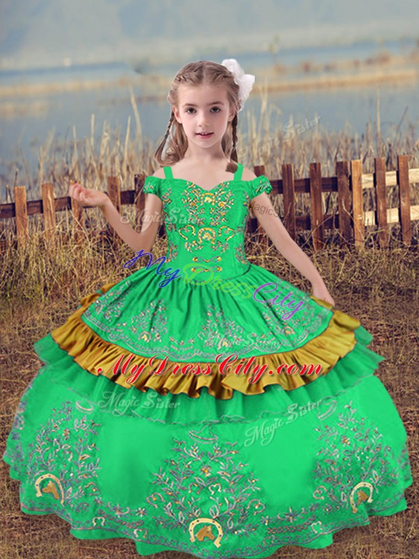 Hot Sale Turquoise Ball Gowns Off The Shoulder Sleeveless Satin Floor Length Lace Up Beading and Embroidery Kids Formal Wear