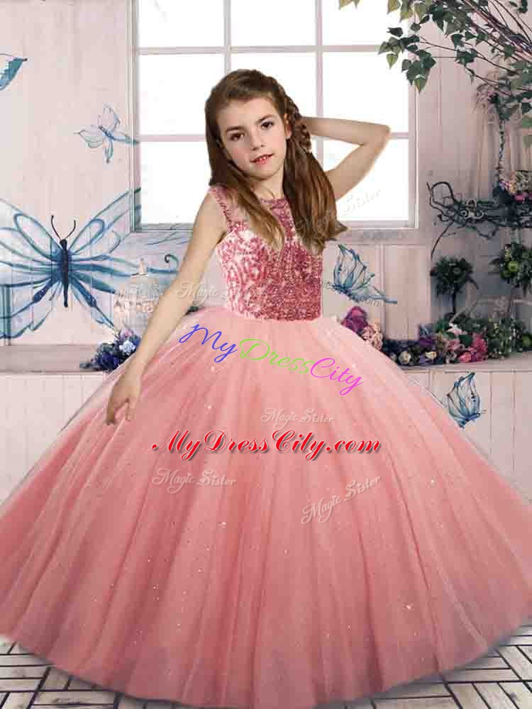 Watermelon Red Sleeveless Floor Length Beading Lace Up Pageant Dress for Teens
