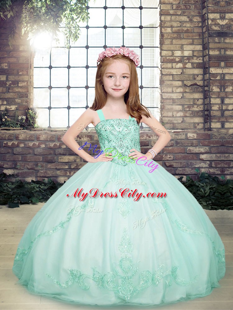 Apple Green Lace Up Straps Beading Little Girl Pageant Gowns Tulle Sleeveless