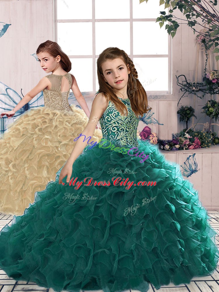 Turquoise Kids Formal Wear Party and Wedding Party with Beading and Ruffles Scoop Sleeveless Lace Up