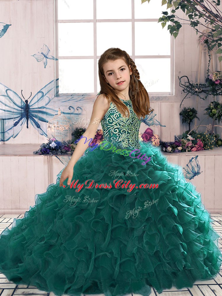 Turquoise Kids Formal Wear Party and Wedding Party with Beading and Ruffles Scoop Sleeveless Lace Up