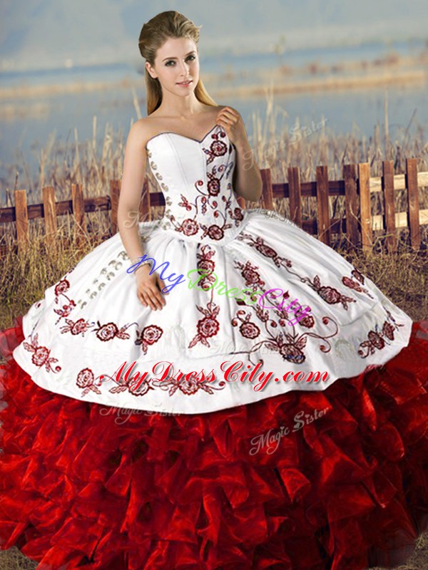 Sweetheart Sleeveless Sweet 16 Dresses Floor Length Embroidery and Ruffles White And Red Organza