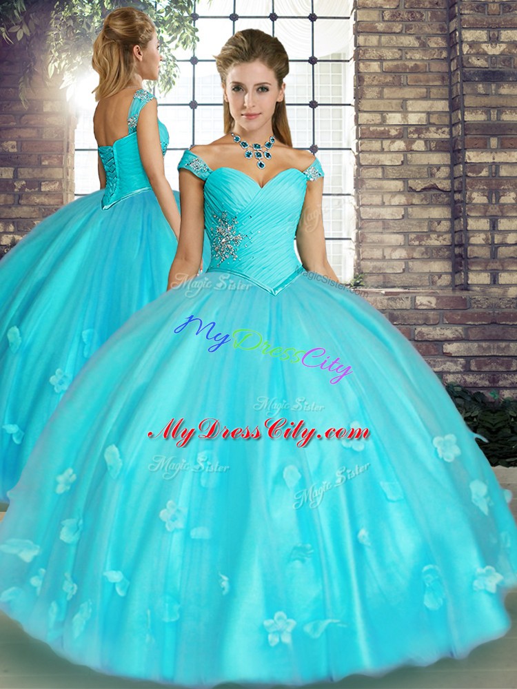 Attractive Off The Shoulder Sleeveless Lace Up 15th Birthday Dress Aqua Blue Tulle