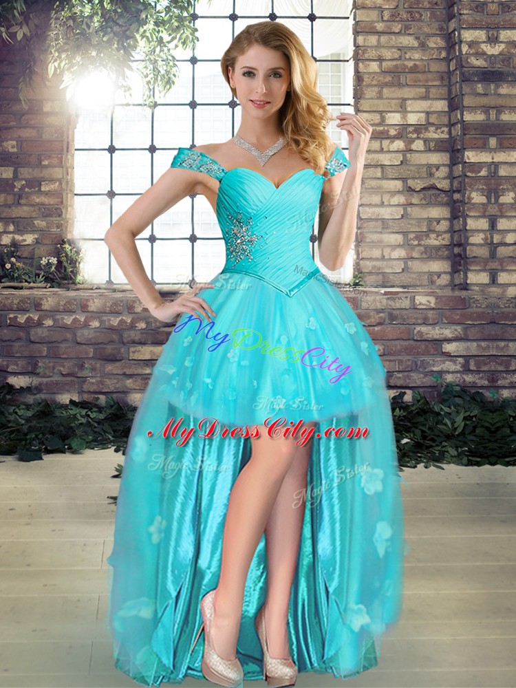 Attractive Off The Shoulder Sleeveless Lace Up 15th Birthday Dress Aqua Blue Tulle