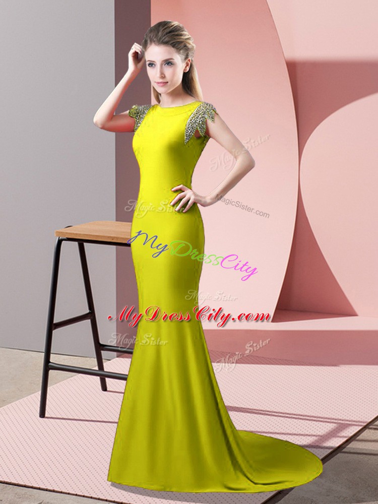 Yellow Green Backless High-neck Beading Dress for Prom Elastic Woven Satin Short Sleeves Brush Train
