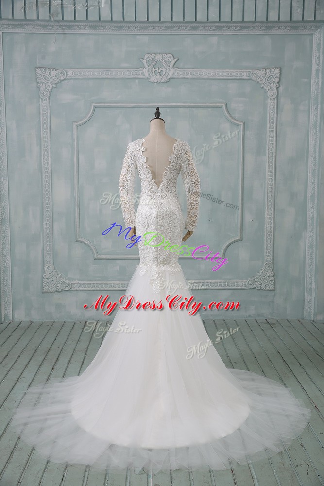 Dazzling White Tulle Backless V-neck Long Sleeves Bridal Gown Brush Train Lace