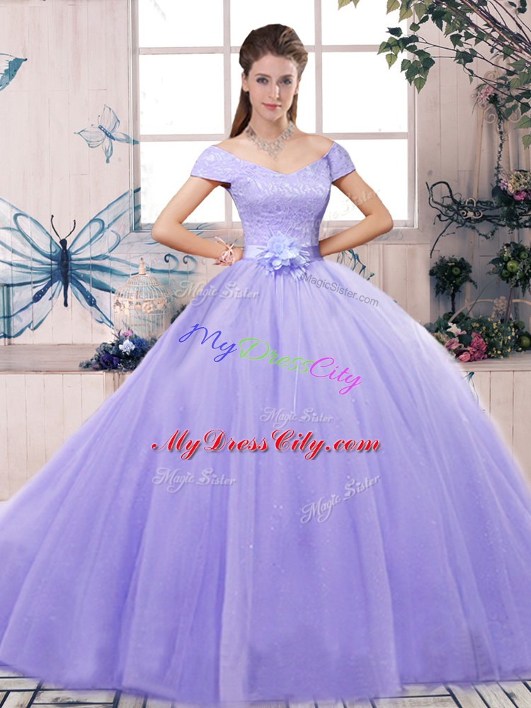 Lavender Tulle Lace Up Off The Shoulder Short Sleeves Floor Length Quince Ball Gowns Lace and Hand Made Flower