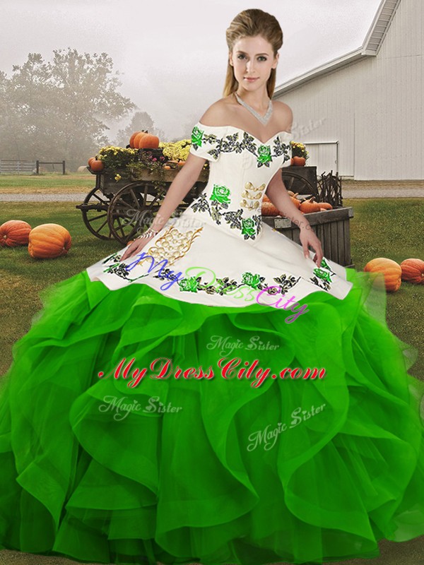 High End Embroidery and Ruffles 15th Birthday Dress Green Lace Up Sleeveless Floor Length