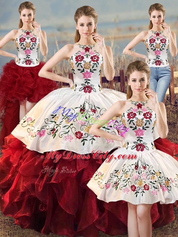 White And Red Sleeveless Embroidery and Ruffles Floor Length Quinceanera Gowns