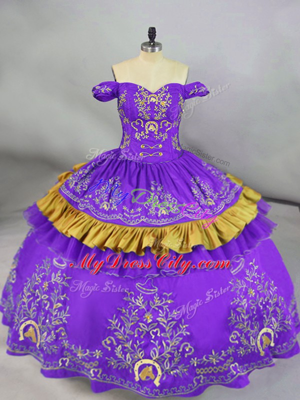 Fine Purple Off The Shoulder Neckline Embroidery 15th Birthday Dress Sleeveless Lace Up