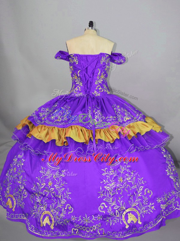 Fine Purple Off The Shoulder Neckline Embroidery 15th Birthday Dress Sleeveless Lace Up