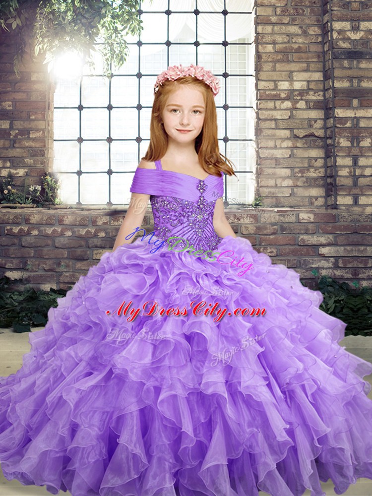 Attractive Lavender Straps Neckline Beading and Ruffles Kids Pageant Dress Sleeveless Lace Up