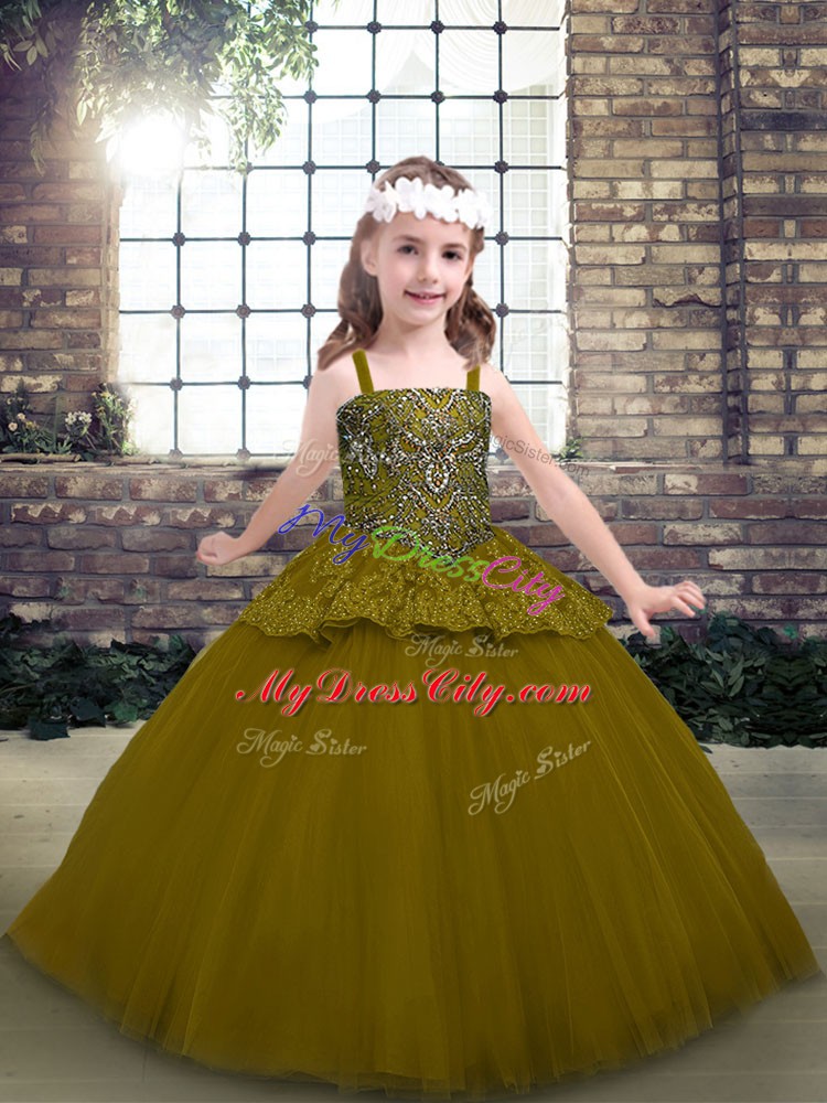 Amazing Olive Green Ball Gowns Straps Sleeveless Tulle Floor Length Lace Up Beading Pageant Dress Wholesale
