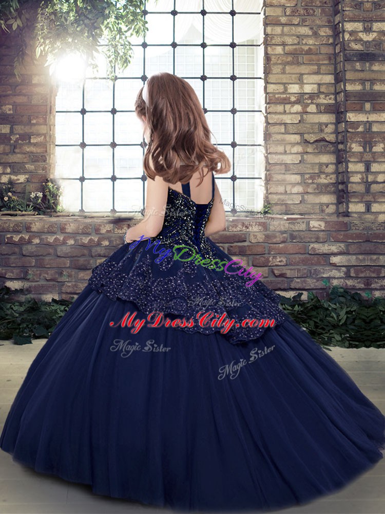 Amazing Olive Green Ball Gowns Straps Sleeveless Tulle Floor Length Lace Up Beading Pageant Dress Wholesale