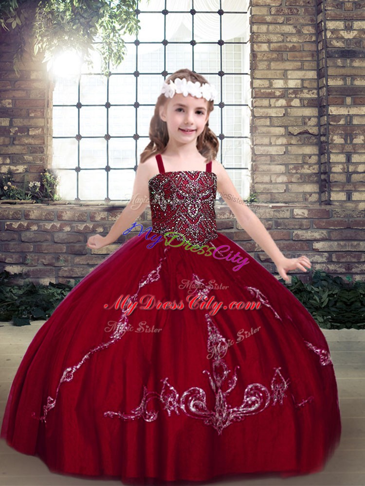 Wine Red Tulle Lace Up Straps Sleeveless Floor Length Pageant Dress Toddler Beading