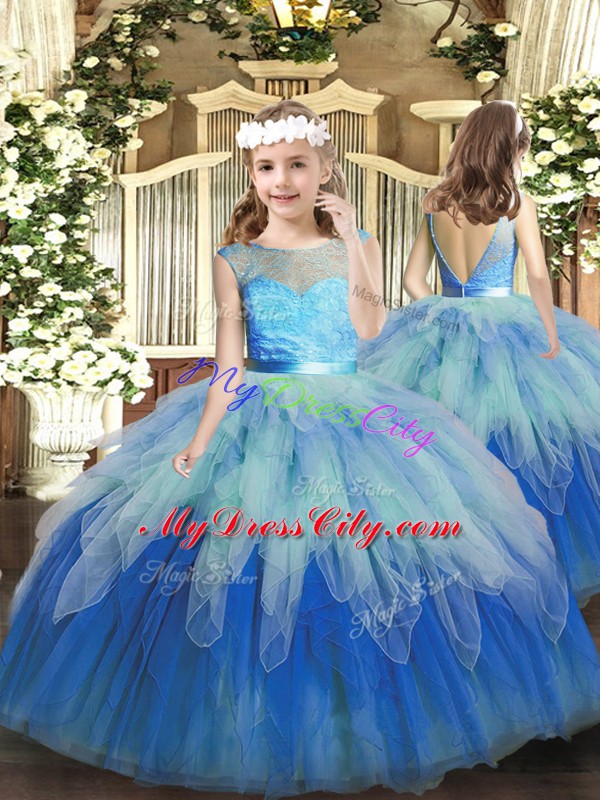 Scoop Sleeveless Kids Pageant Dress Floor Length Lace and Ruffles Multi-color Tulle
