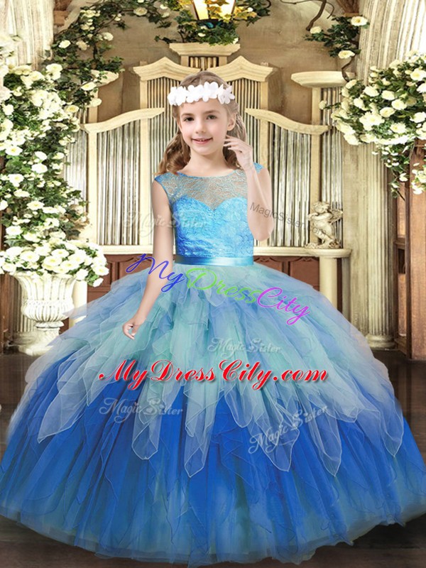 Scoop Sleeveless Kids Pageant Dress Floor Length Lace and Ruffles Multi-color Tulle