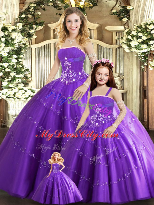 Stunning Purple Tulle Lace Up Sweet 16 Dress Sleeveless Floor Length Beading