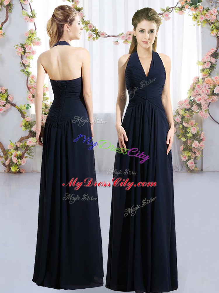 Sleeveless Chiffon Floor Length Lace Up Court Dresses for Sweet 16 in Navy Blue with Ruching