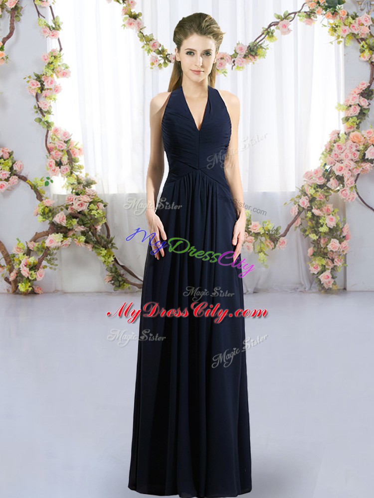 Sleeveless Chiffon Floor Length Lace Up Court Dresses for Sweet 16 in Navy Blue with Ruching