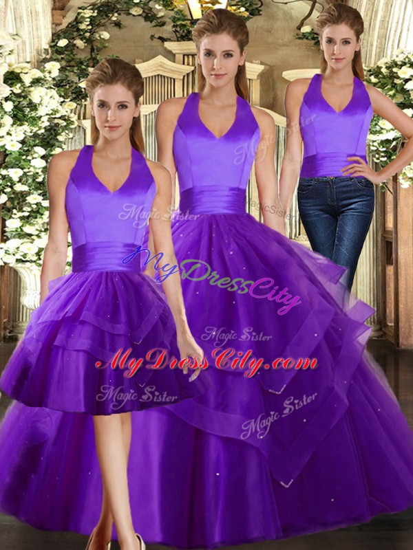 High Quality Halter Top Sleeveless Tulle Quinceanera Dresses Ruffles Lace Up