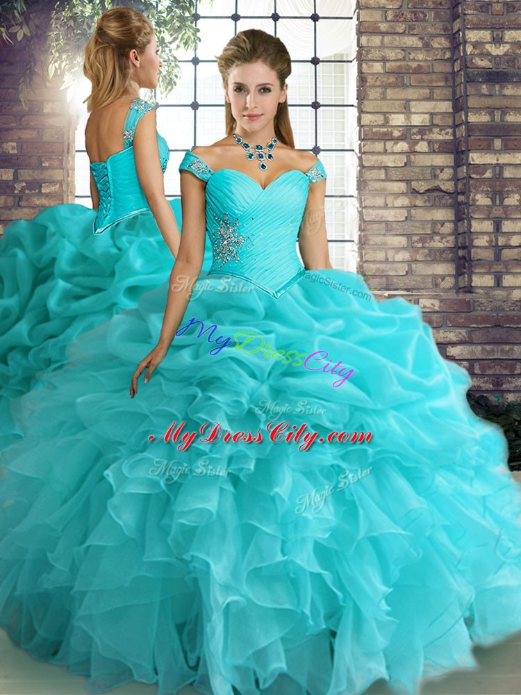 Hot Selling Aqua Blue Organza Lace Up Quince Ball Gowns Sleeveless Floor Length Beading and Ruffles and Pick Ups