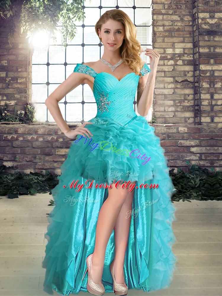 Hot Selling Aqua Blue Organza Lace Up Quince Ball Gowns Sleeveless Floor Length Beading and Ruffles and Pick Ups