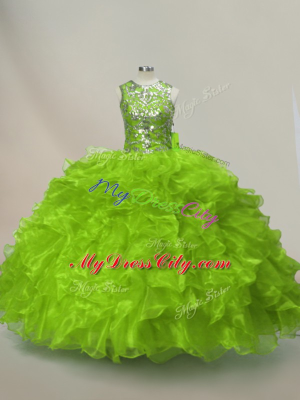 Modest Organza Sleeveless Floor Length Quinceanera Gown and Ruffles and Sequins