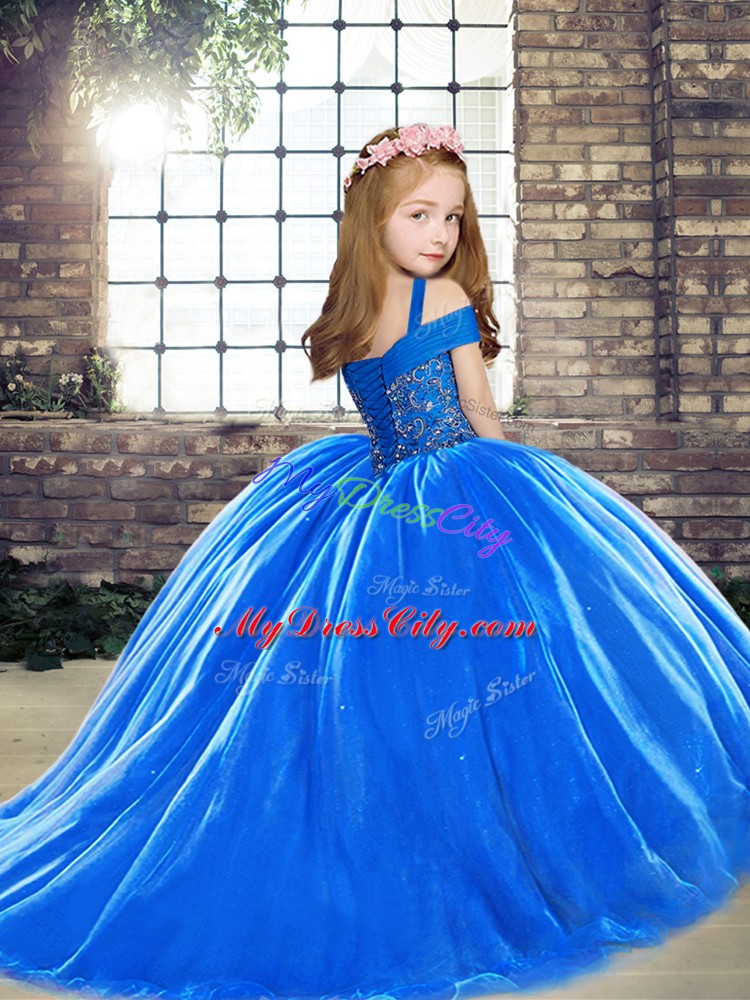 Tulle Sleeveless Pageant Gowns For Girls Brush Train and Beading