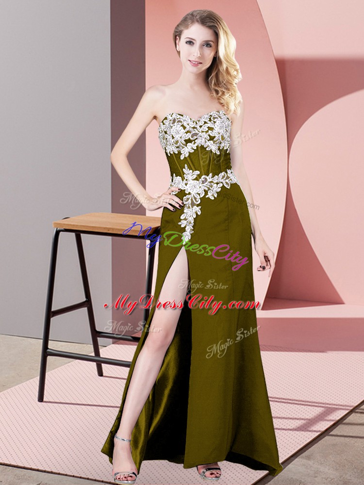 Unique Sleeveless Floor Length Lace and Appliques Zipper Juniors Party Dress with Olive Green