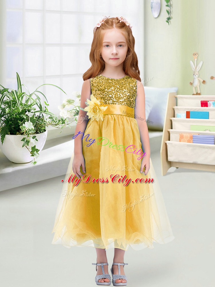 Gold Sleeveless Sequins and Hand Made Flower Tea Length Flower Girl Dresses