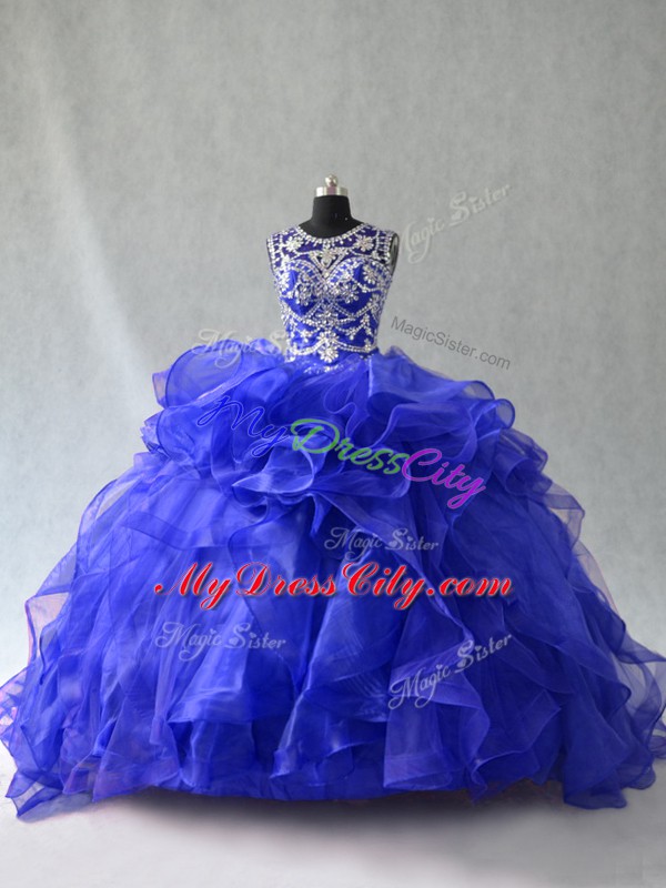 Royal Blue Lace Up Scoop Beading Quince Ball Gowns Organza Sleeveless