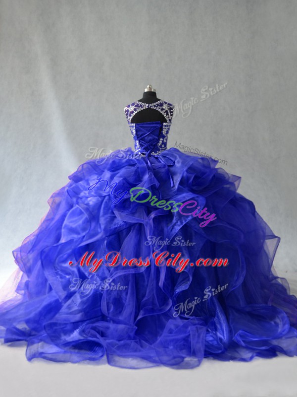 Royal Blue Lace Up Scoop Beading Quince Ball Gowns Organza Sleeveless