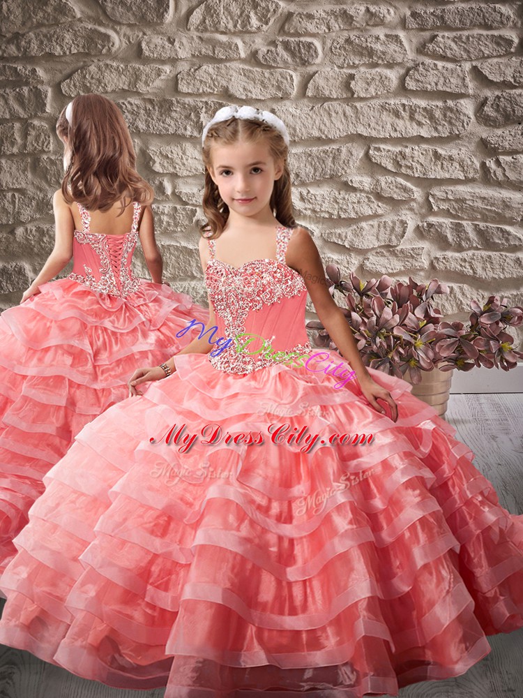 Ball Gowns Sleeveless Watermelon Red Sweet 16 Dress Court Train Lace Up