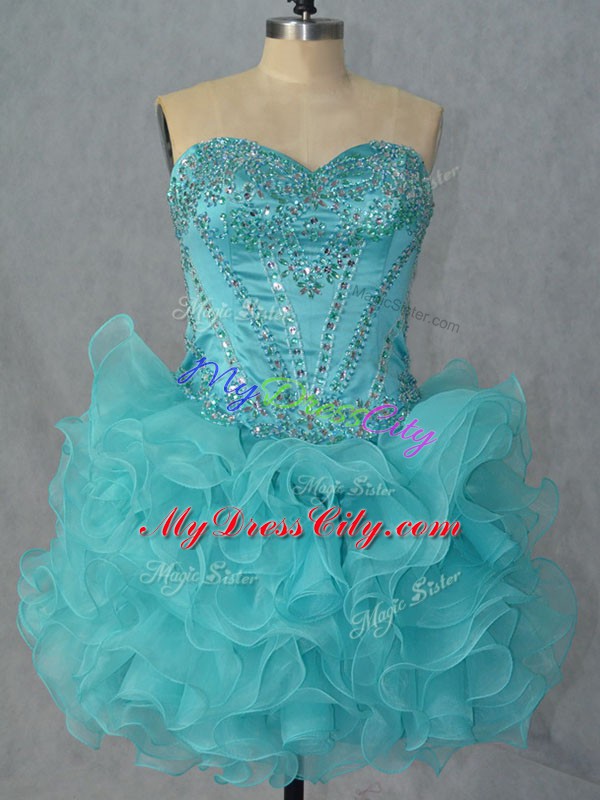 Aqua Blue Ball Gowns Organza Sweetheart Sleeveless Beading and Ruffles Mini Length Lace Up Prom Dresses