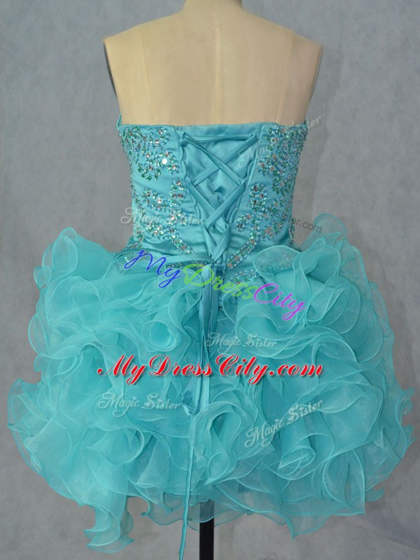 Aqua Blue Ball Gowns Organza Sweetheart Sleeveless Beading and Ruffles Mini Length Lace Up Prom Dresses