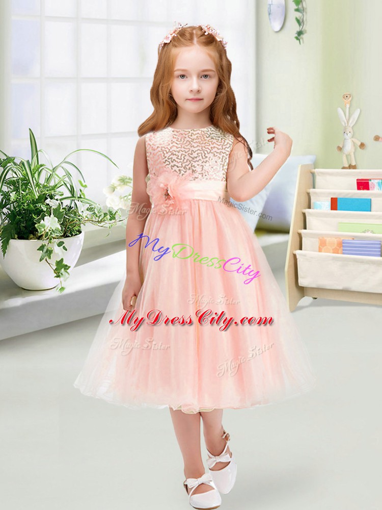 Super Empire Flower Girl Dresses for Less Baby Pink Scoop Organza Sleeveless Tea Length Zipper