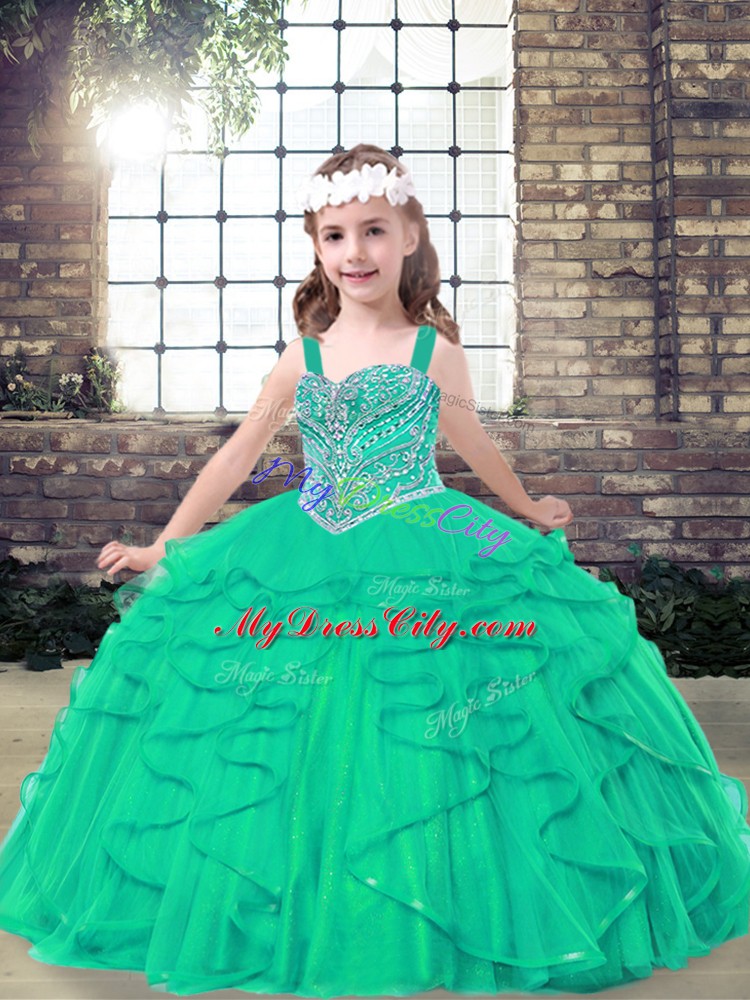 Low Price Turquoise Lace Up Straps Beading Girls Pageant Dresses Tulle Sleeveless
