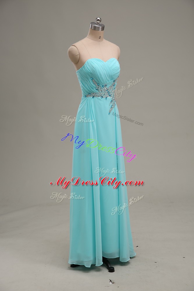 Aqua Blue Chiffon Zipper Prom Dress Sleeveless Floor Length Appliques and Ruching