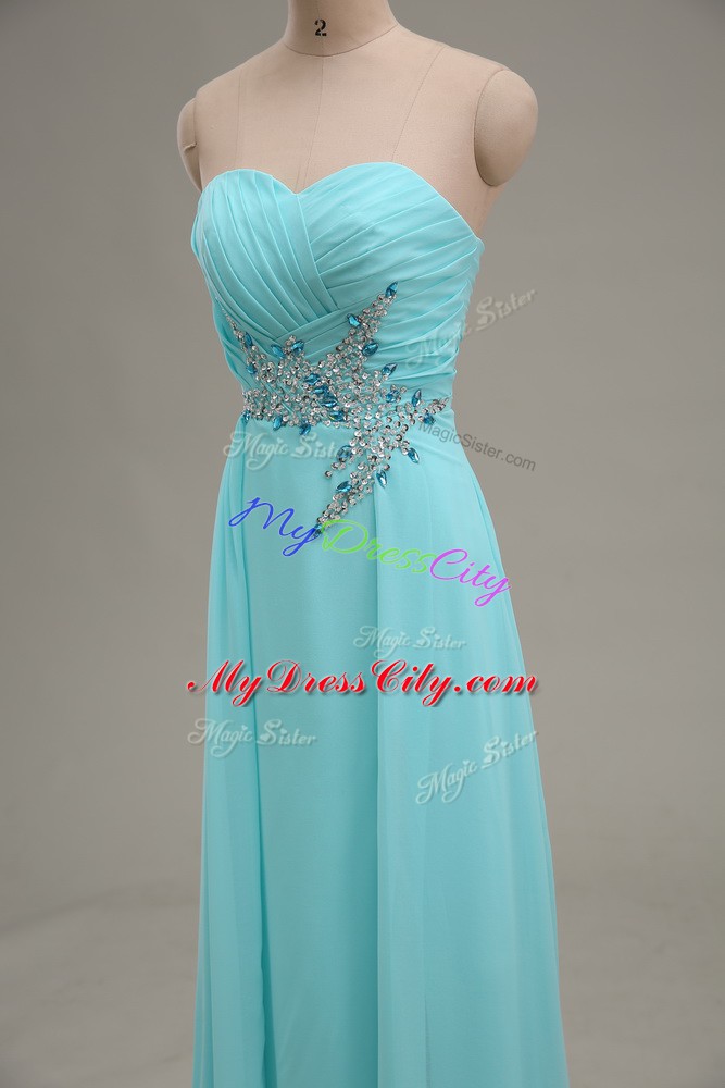Aqua Blue Chiffon Zipper Prom Dress Sleeveless Floor Length Appliques and Ruching