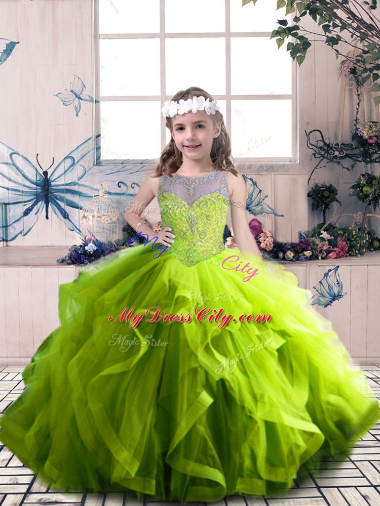 Floor Length Olive Green Child Pageant Dress Scoop Sleeveless Lace Up