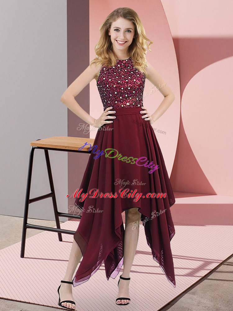 Best Selling Beading and Sequins Pageant Dress Womens Burgundy Zipper Sleeveless Asymmetrical