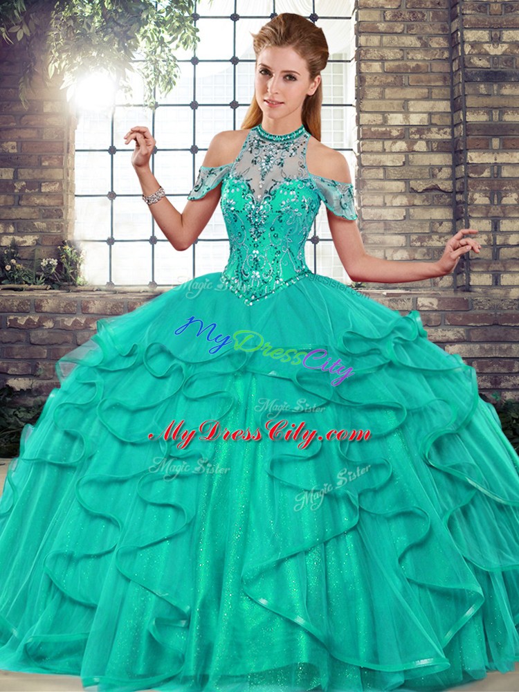 Turquoise Ball Gowns Tulle Halter Top Sleeveless Beading and Ruffles Floor Length Lace Up Quinceanera Dresses