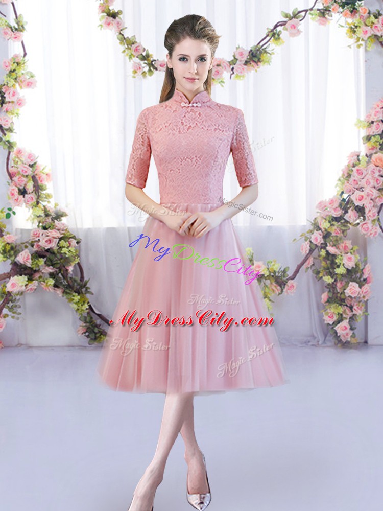 Pink A-line Lace Wedding Party Dress Zipper Tulle Half Sleeves Tea Length