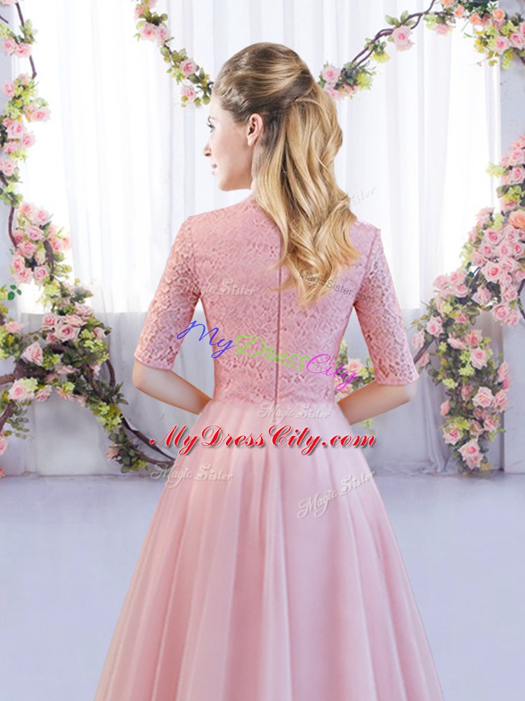 Pink A-line Lace Wedding Party Dress Zipper Tulle Half Sleeves Tea Length