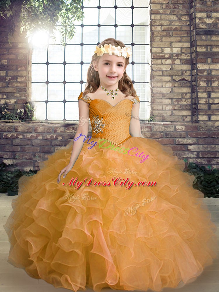 Orange Pageant Dress for Girls Party and Wedding Party with Beading and Ruffles Straps Sleeveless Lace Up