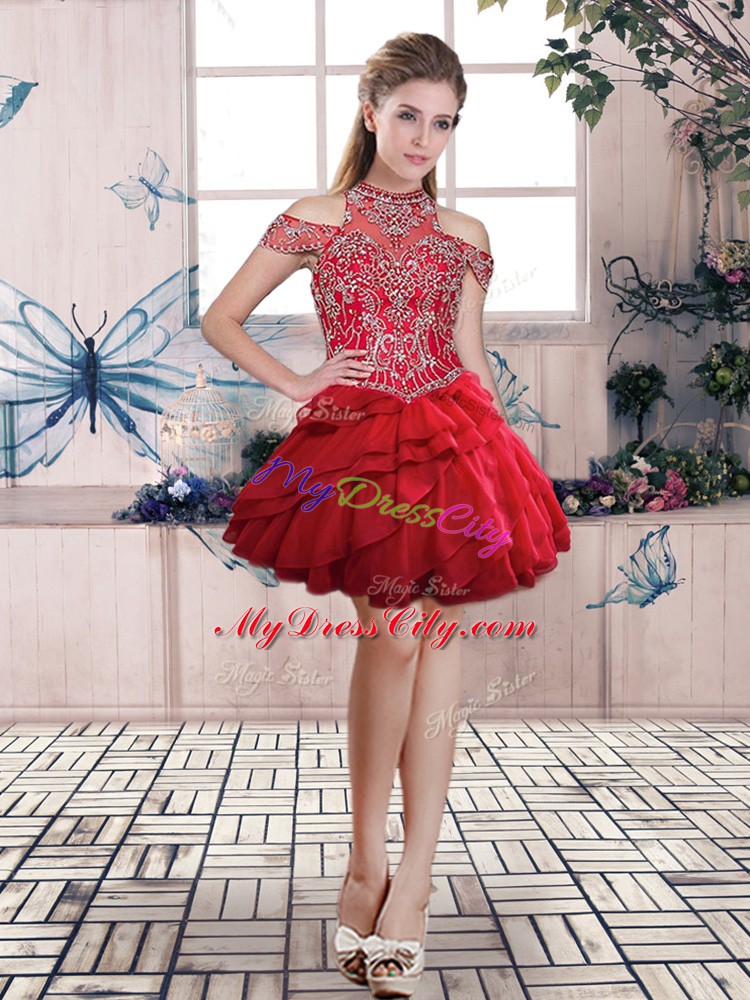 Wonderful Red Ball Gowns Halter Top Sleeveless Organza Mini Length Lace Up Beading and Ruffled Layers Prom Dresses