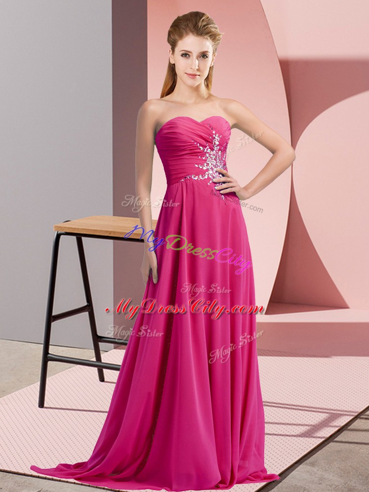 Eye-catching Fuchsia Empire Sweetheart Sleeveless Chiffon Floor Length Lace Up Beading and Ruching Prom Dresses