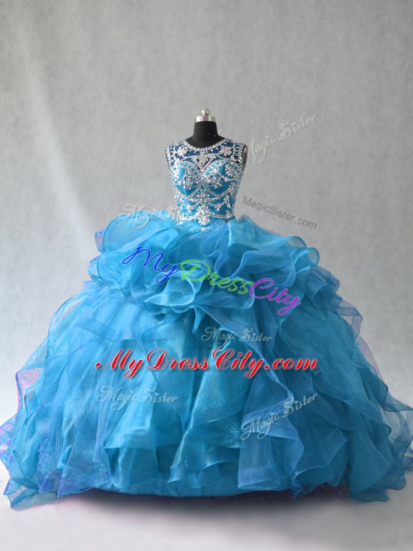 Hot Sale Blue Quinceanera Gown Sweet 16 and Quinceanera with Ruffles Scoop Sleeveless Side Zipper