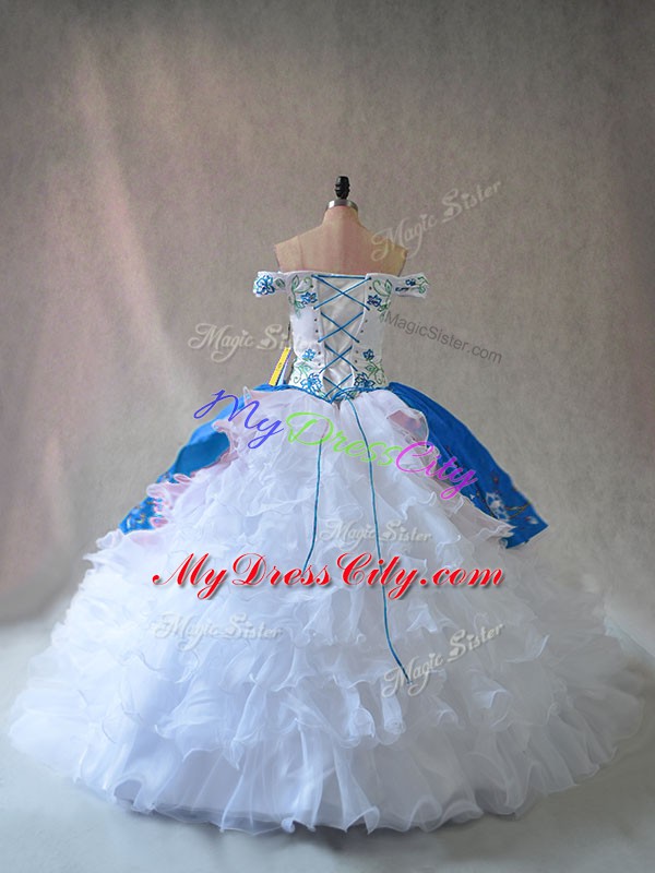 Modest Blue And White Ball Gowns Embroidery and Ruffles 15 Quinceanera Dress Lace Up Organza Sleeveless Floor Length
